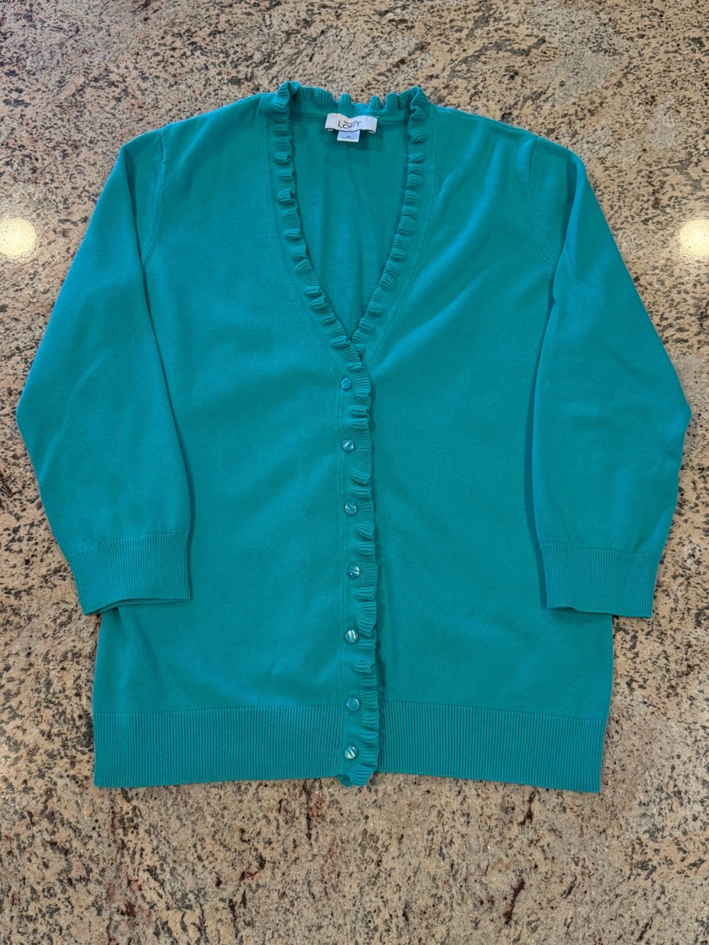 LOFT Teal Ruffle-Trim Button Cardigan